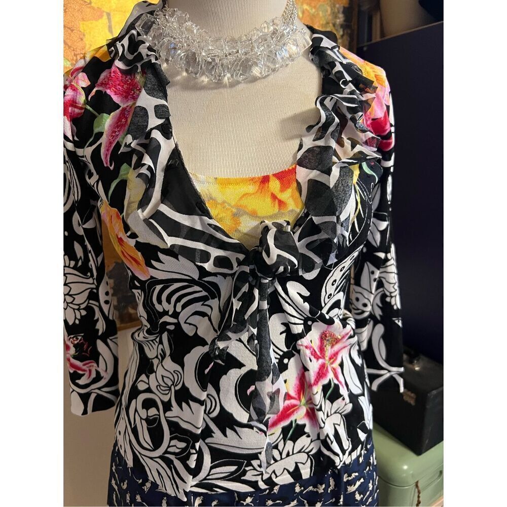 Vintage 80s Alberto Makali Women’s Medium Black Floral 2 Piece Outfit Set Blouse